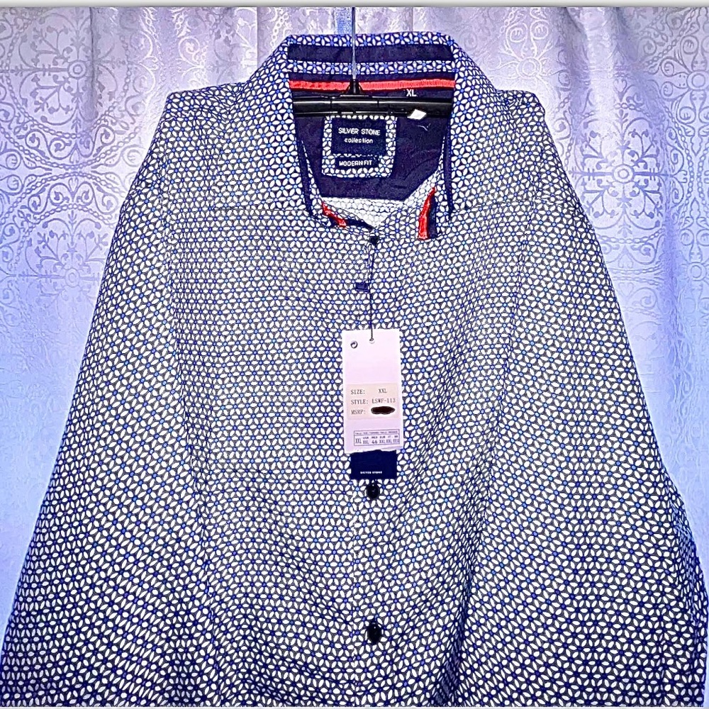Silver Stone Collection Blue Button Front Shirt XL Blue Floral Modern Fit NWT